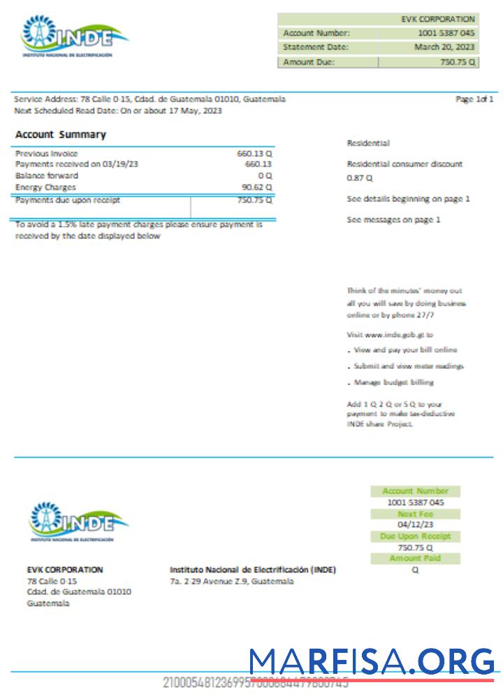 Blank INDE Instituto Nacional De Electrificacion electricity utility business bill, SCR real example